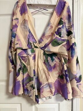 ASOS Cream Floral Watercolor Wrap Romper with Purple & Green Accents